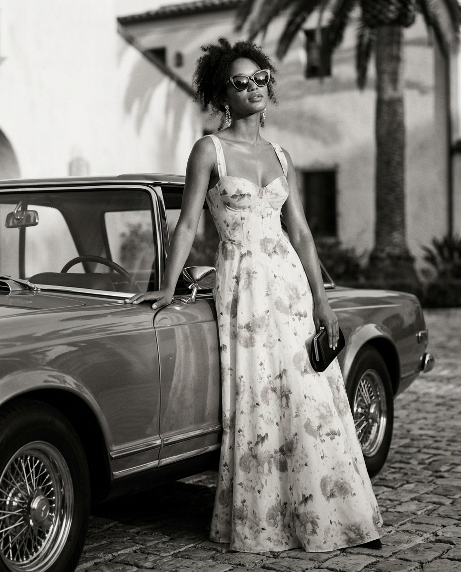 ROGUE editorial — the Zanzibar Butter Yellow dress in black and white