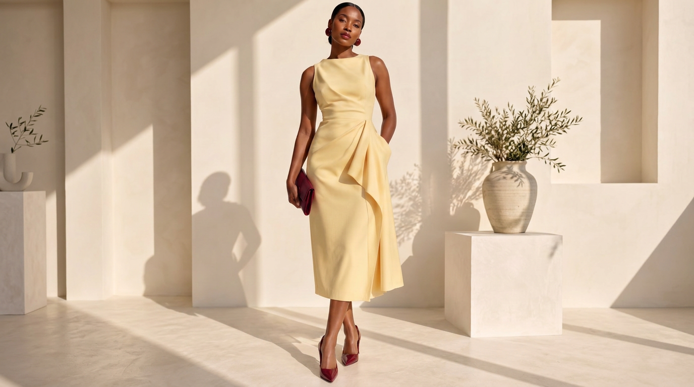 Full-length model in a butter yellow ROGUE dress
